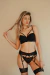 Conjunto premium ELENA de encaje y microtull tres piezas con less regulable y ligas.