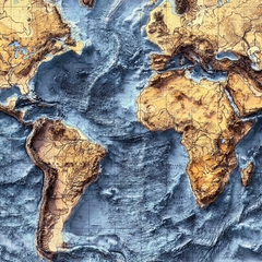 Mapa Mundi Batimétrico e Hipsométrico.