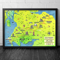 Mapa ilustrado da trilha Southern Upland Way, na Escócia, destacando pontos turísticos e cidades ao longo da rota.