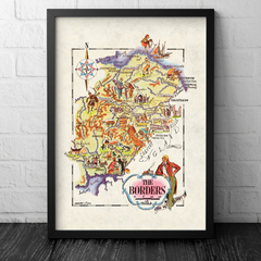 Mapa ilustrado, também chamado de Mapa Pictorial, da região The Borders, na Escócia. The Borders também é chamada de Terras Baixas escocesas.