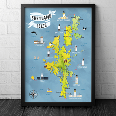 Mapa ilustrado das ilhas de Shetland na Escócia mostrando todos os faróis e seus respectivos nomes