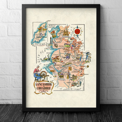 Mapa Ilustrado Lancashire e Cheshire, Inglaterra 1951