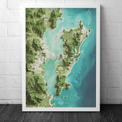 Mapa de relevo com imagem de satélite da cidade de Florianópolis com moldura branca