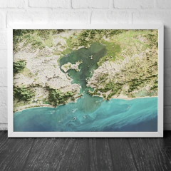 Mapa de relevo com imagem de satélite da cidade do Rio de Janeiro com moldura branca