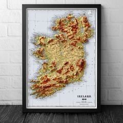 Mapa vintage de Relevo Topográfico hipsométrico da Irlanda, Europa, União Europeia.