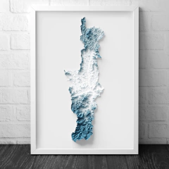 Mapa de relevo topográfico artístico do município de Blumenau, Santa Catarina, destacando suas características geográficas em tons de azul e branco.