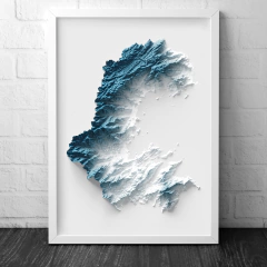 Mapa topográfico artístico do município de Paraty, Rio de Janeiro, exibindo detalhes geográficos em tons de azul e branco.