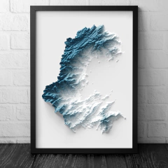 Mapa de relevo artístico do município de Paraty, Rio de Janeiro, destacando suas formas topográficas em tons de azul e branco.