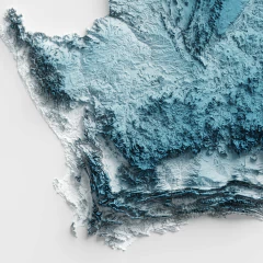Mapa topográfico da África do Sul, mostrando detalhes topográficos com texturas e cores que representam as elevações do terreno.