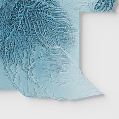 Mapa em relevo artístico detalhando a geografia de Angola.