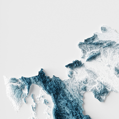 Mapa em relevo artístico da Croácia, destacando suas montanhas e costas em tons de azul e branco.