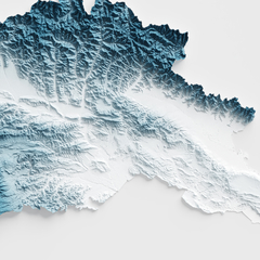 Detalhe do mapa hipsométrico artístico da Geórgia, apresentando montanhas e vales.