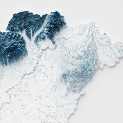 Mapa da Hungria em relevo artístico, destacando montanhas e terrenos em tons de azul e branco.