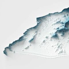 Mapa em relevo artístico do município de Maricá, no Rio de Janeiro, destacando suas características geográficas e topográficas.