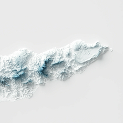 Mapa de relevo topográfico do Timor Leste, destacando as montanhas e a geografia do país em detalhe.