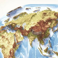 Mapa mundi hipsométrico topográfico do planeta, com a China no centro do mundo, destacando relevo e características geográficas.