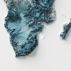 Mapa de relevo topográfico artístico da África, destacando formas topográficas e detalhes geográficos.