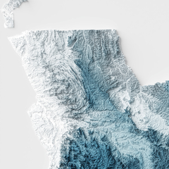 Mapa topográfico artístico da Angola, destacando relevo e contornos geográficos em tons de azul e branco.