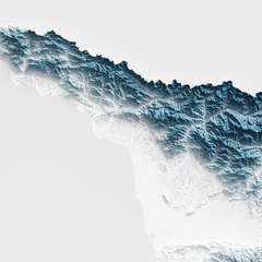 Mapa topográfico da Geórgia, destacando montanhas e formações geográficas em detalhes com ilusão de ser tridimensional.