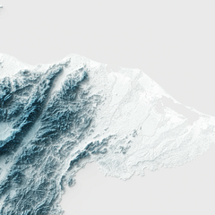 Mapa artístico de relevo de Honduras, ilustrando a topografia com detalhes em azul e branco.