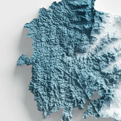 Mapa de relevo artístico do município de Joinville, Santa Catarina, destacando detalhes topográficos em tons de azul.