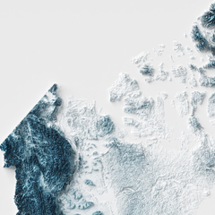 Mapa topográfico do Canadá, destacando as montanhas e características geográficas do país.
