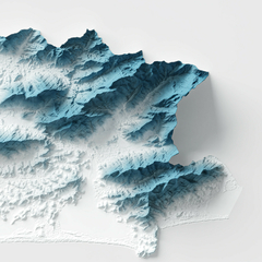 Mapa em relevo artístico do município de Maricá, no estado do Rio de Janeiro, destacando suas características geográficas.