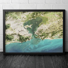 Mapa de relevo com imagem de satélite da cidade do Rio de Janeiro com moldura preta