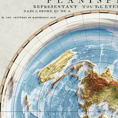 Mapa Terra Plana chamado Planisfério de Louis Renard com Relevo Topográfico