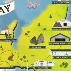 Mapa ilustrado das destilarias da ilha de Islay na Escócia