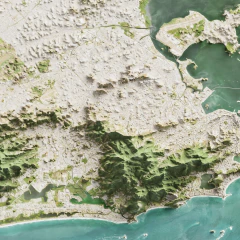 Mapa de relevo com imagem de satélite da cidade do Rio de Janeiro porção oeste