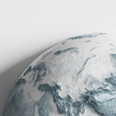 Mapa Mundi esférico hipsométrico Centralizado na Ásia e Oceania