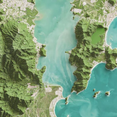 Mapa de relevo com imagem de satélite da cidade de Florianópolis porção sul