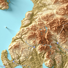 Mapa hipsométrico da trilha de Southern Upland Way na Escócia, Reino Unido, com pontos turísticos do caminho.