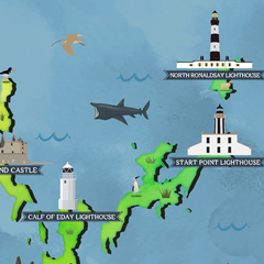 Ilustração de um mapa das ilhas de Orkney na Escócia com castelos e faróis, incluindo Calf of Eday e Start Point, além de animais marinhos e aves.