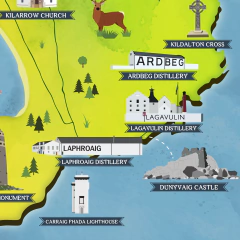 Mapa ilustrado dos faróis da ilha de Islay na Escócia