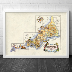 Mapa Ilustrado Cornwall, Inglaterra 1951 - Highland Restaurações | Mapas, Quadros e Pôsteres Históricos