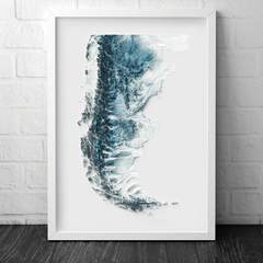 Mapa de relevo topográfico artístico da Patagônia, mostrando detalhes geográficos como montanhas e vales.