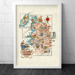 Mapa pictorial Ilustrado Lancashire e Cheshire, Inglaterra