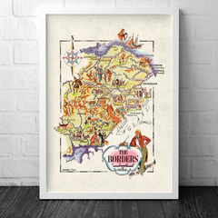 Mapa ilustrado, também chamado de Mapa Pictorial, da região The Borders, na Escócia. The Borders também é chamada de Terras Baixas escocesas.
