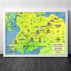 Mapa pictorial da trilha de trekking Southern Upland Way na Escócia, Reino Unido.
