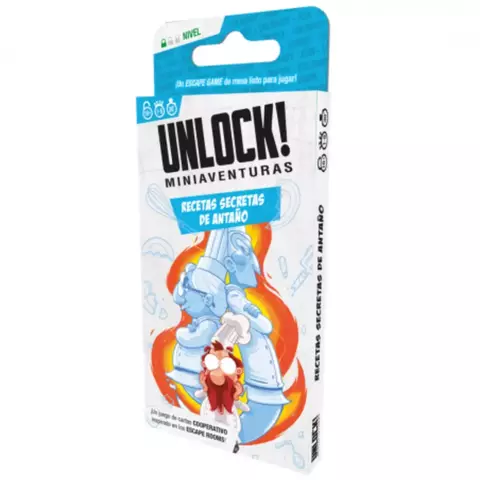 Caja del juego de mesa cooperativo Unlock! Miniaventuras: Recetas Secretas de Antaño con ilustración de chefs y fuego de fondo