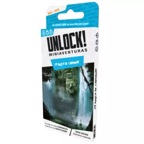 Juego de mesa Unlock! Miniaventuras: En busca de Cabrakan en su empaque, con ilustraciones de un entorno selvático y una calavera.