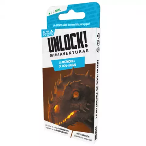 Caja del juego de mesa cooperativo Unlock! Miniaventuras: La mazmorra de Doo-Arann con ilustración de un dragón