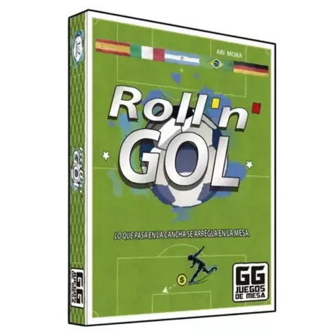  Caja del juego de mesa “Roll’n Gol” con fondo verde que simula una cancha de fútbol, un balón en el centro, banderas de varios países (incluyendo Argentina), y la frase “Lo que pasa en la cancha se arregla en la mesa”.