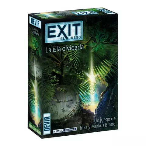 Caja del juego de mesa cooperativo "Exit: La Isla Olvidada" con diseño de selva y reloj antiguo