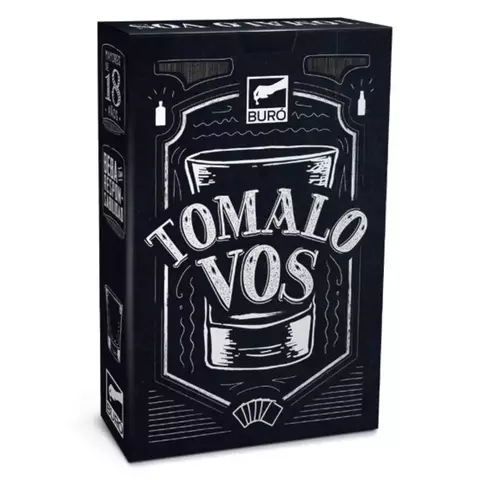 Caja de juego de cartas Tómalo Vos con diseño en negro y blanco, ilustración de vaso y texto destacado