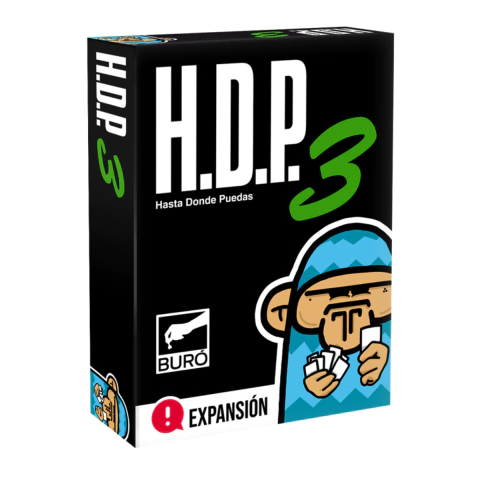 Caja del juego H.D.P 3, expansión "Hasta Donde Puedas" con ilustración colorida de un personaje caricaturesco.