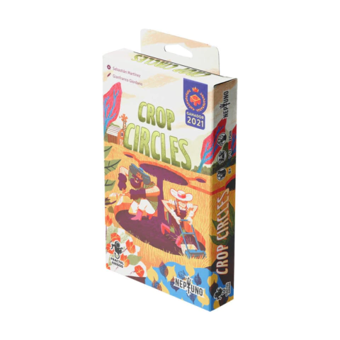 Juego de mesa "Crop Circles" en su empaque, con ilustraciones coloridas y personajes divertidos.