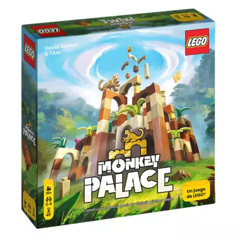 Caja del juego de mesa Monkey Palace de LEGO con ilustración de un palacio de monos construido con piezas LEGO en un entorno selvático